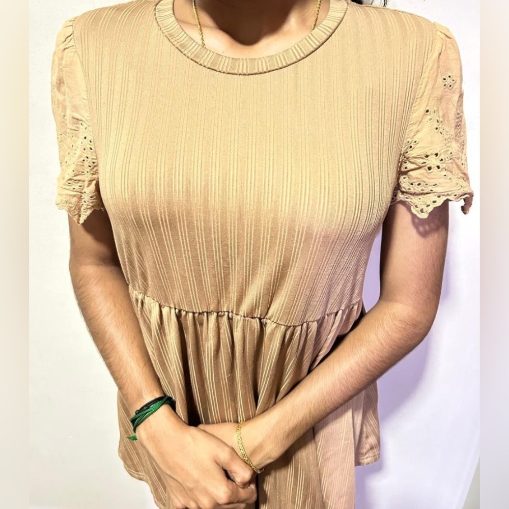 (B1) Shein‎ Tan Brown Fit Flare Ribbed Eyelet Sleeve Long Top Shirt Tunic S 4